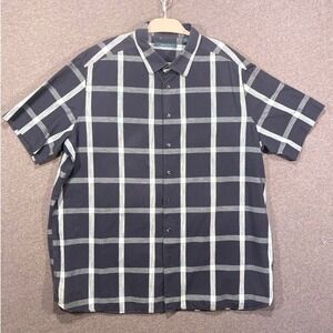 Perry Ellis Mens 2XLT Short Sleeve Button Down Shirt Navy Teal Plaid Cotton Tall